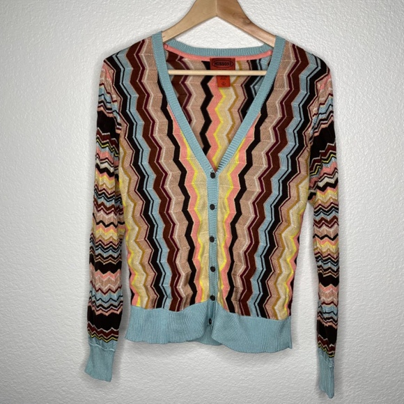 Missoni Sweater Cardigan Womens Sz Medium Y2K Button down vneck chevron - Picture 6 of 9